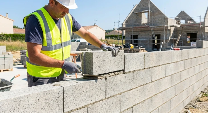 Deux hommes serrant la main dans une maison à moitié construite en bois avec un plan de construction à côté d'eux pour exprimer leur satisfaction à l'égard du progrès