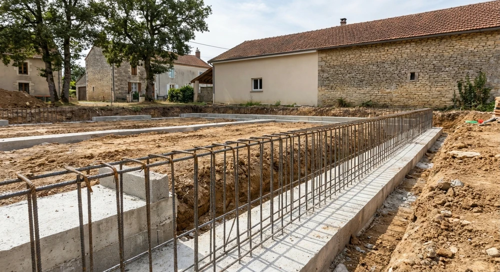 Chantier de construction en extérieur avec ouvriers en gilets haute visibilité et casques jaunes travaillant sur une dalle en béton armé