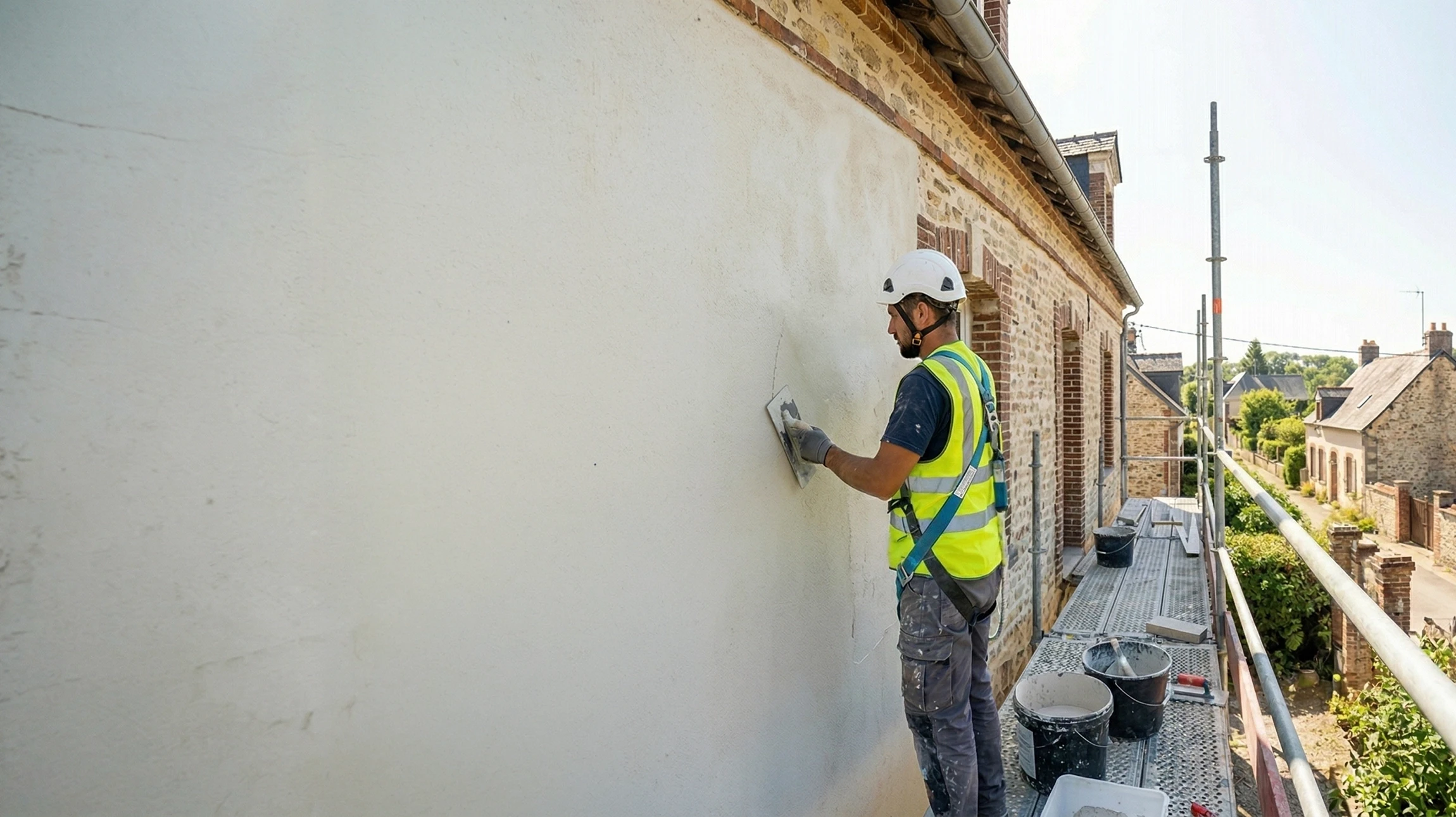 Façade de bâtiment résidentiel en cours de rénovation avec échafaudage tubulaire complet