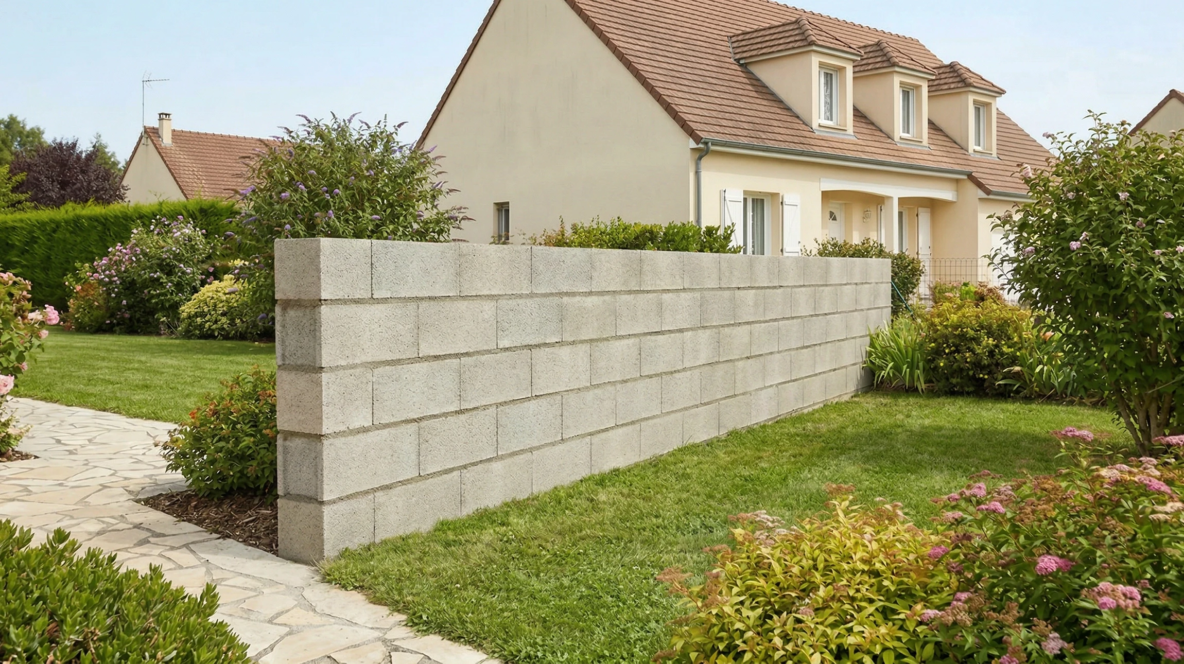 Mur de parpaings en béton empilés sur chantier de construction
