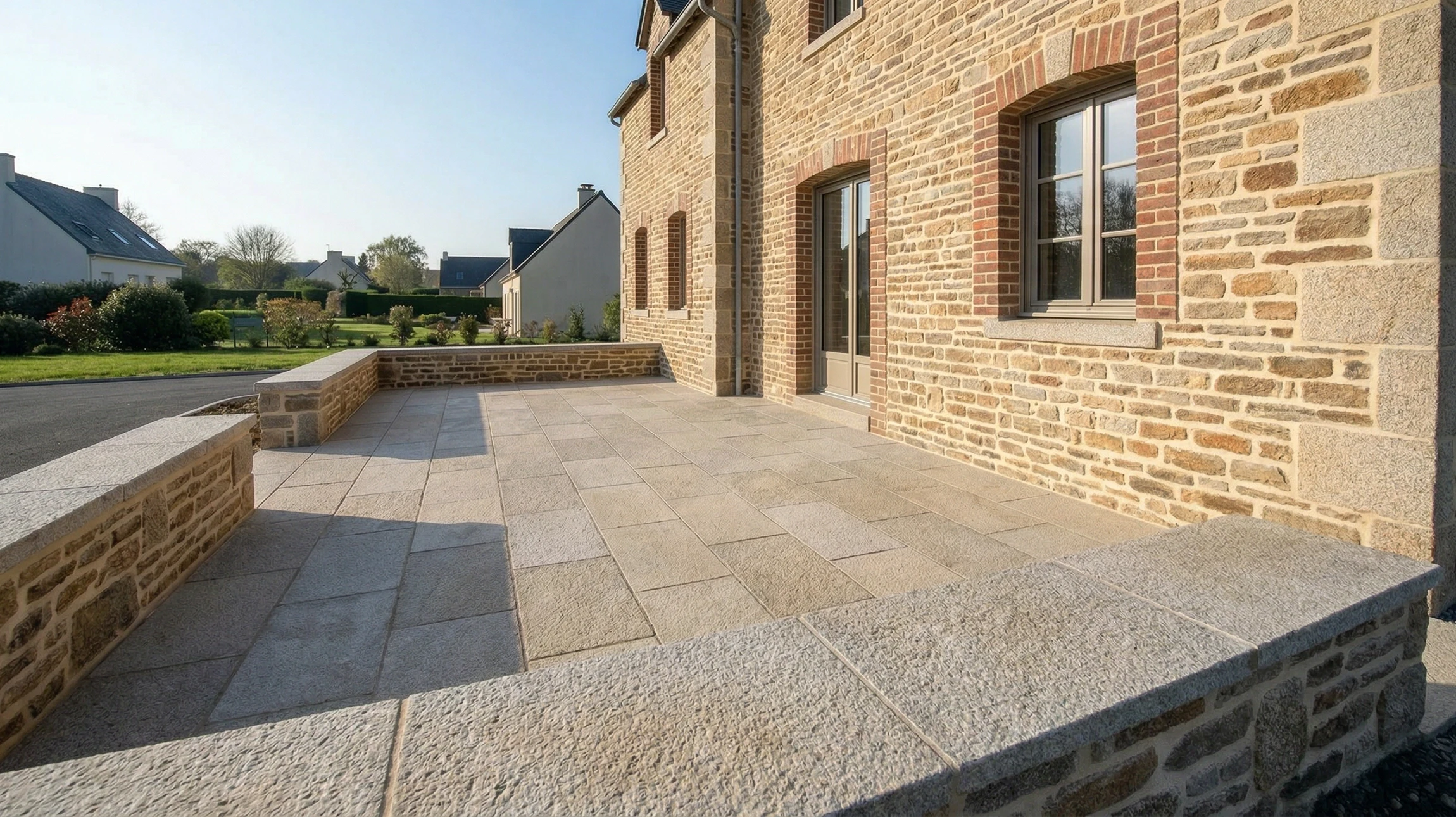 Maison contemporaine avec terrasse surélevée en béton, façade blanche et baies vitrées à cadres bois
