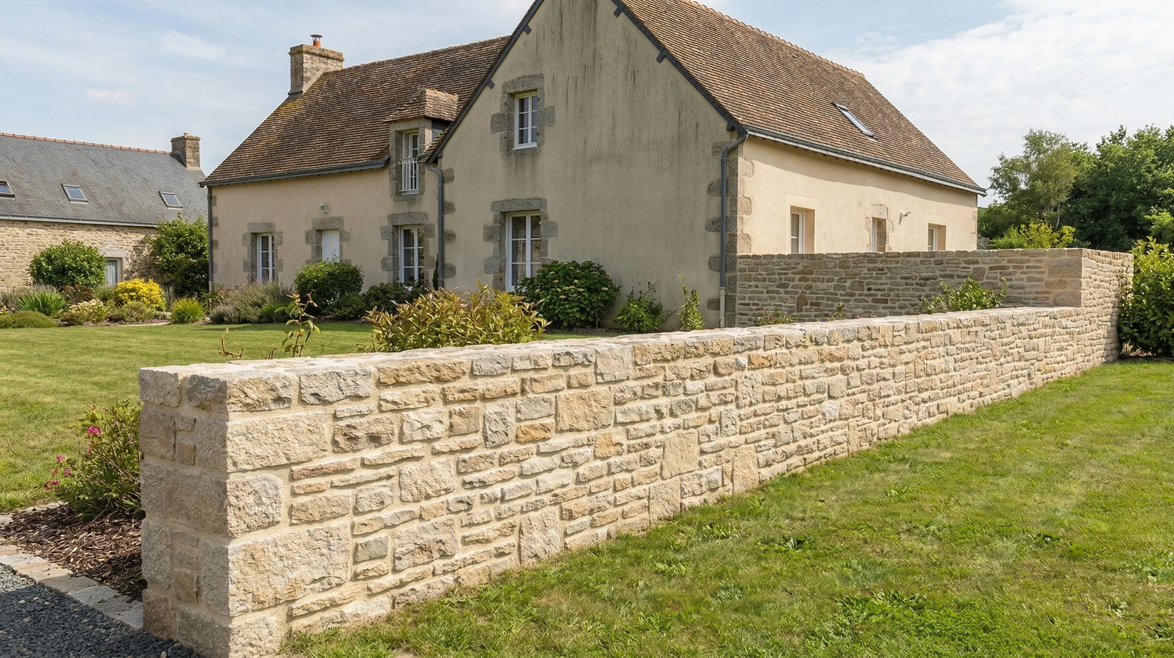Photographie réaliste d'un muret de pierre maçonnée récemment construit en pierres de taille ou pierre naturelle, montrant le travail de finition soigné. Le muret est photographié de face sous un bon éclairage naturel qui souligne la texture et la qualité de la maçonnerie. On peut voir le mortier bien régulier entre les pierres, illustrant le savoir-faire professionnel. Le muret délimite un terrain ou un jardin privatif dans un contexte résidentiel. Pas de personnes ni d'éléments de chantier encombrants, juste la finition qualitative du muret terminé.