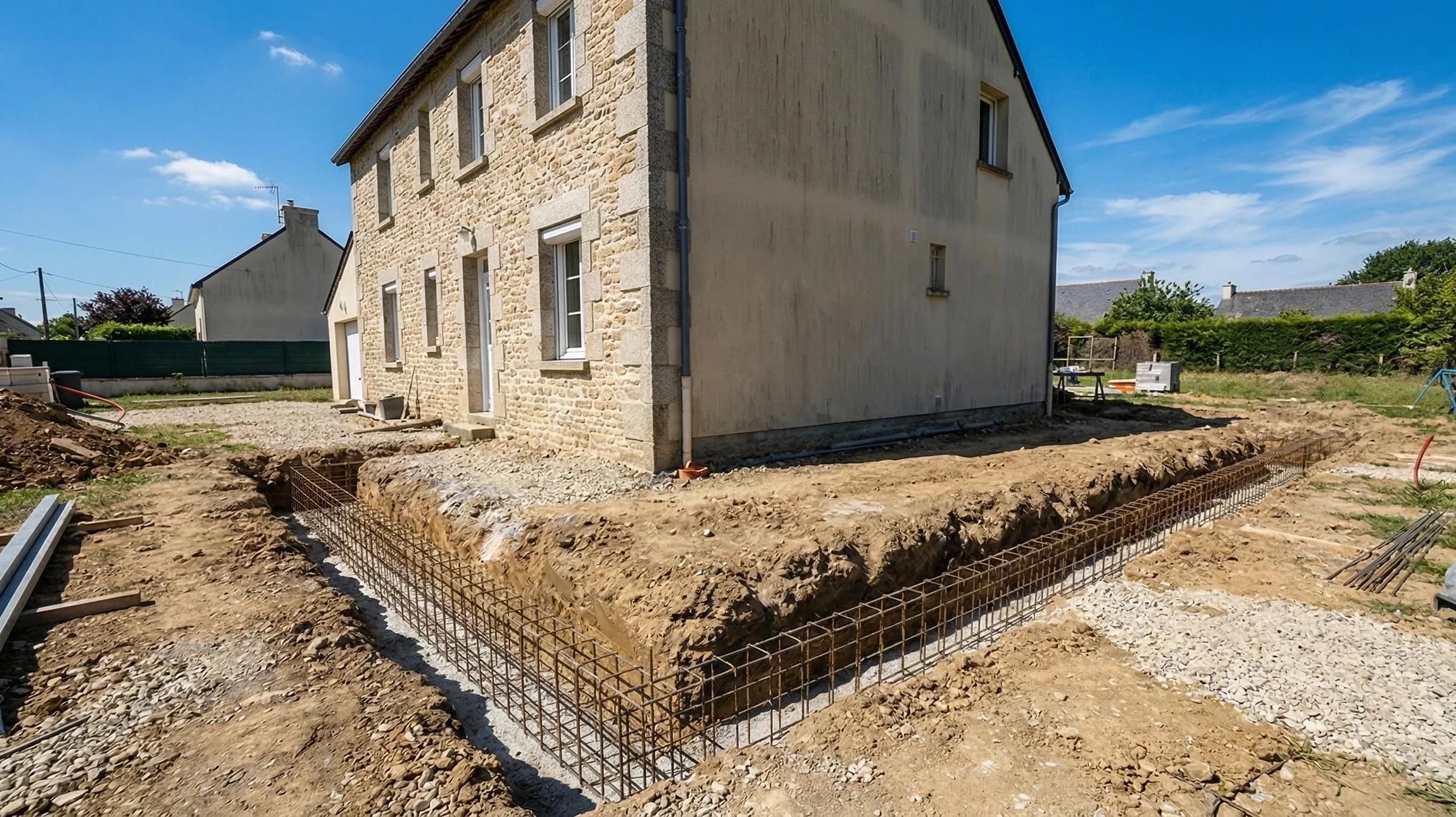 Chantier de construction extérieur avec coulage de béton frais par camion-toupie sur ferraillage d'armature métallique