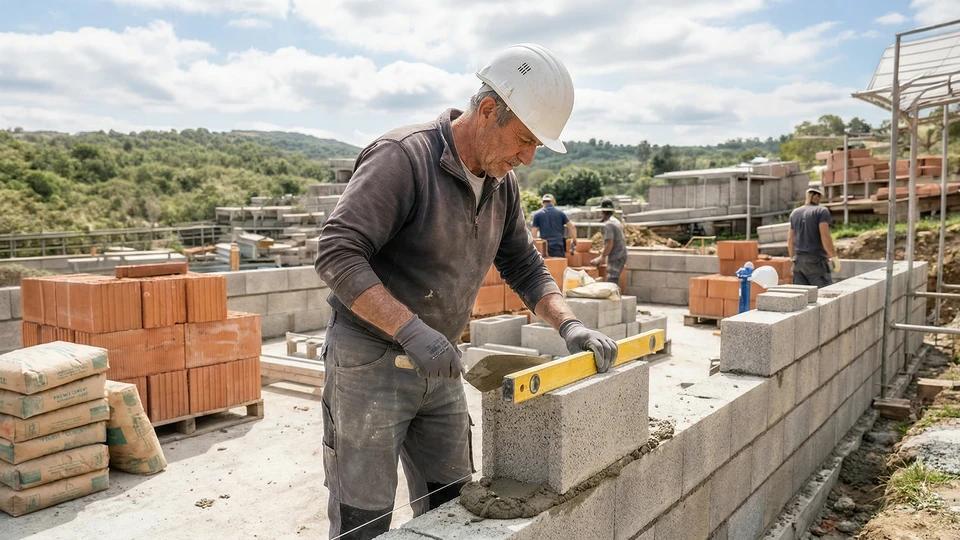 Maçon expérimenté en tenue de travail et casque de chantier, posant précisément un bloc de parpaing ou une brique à la truelle sur un chantier de construction en cours, avec des murs en élévation visibles en arrière-plan. L'image doit montrer le soin et la rigueur du geste professionnel lors de l'édification d'une structure maçonnée.